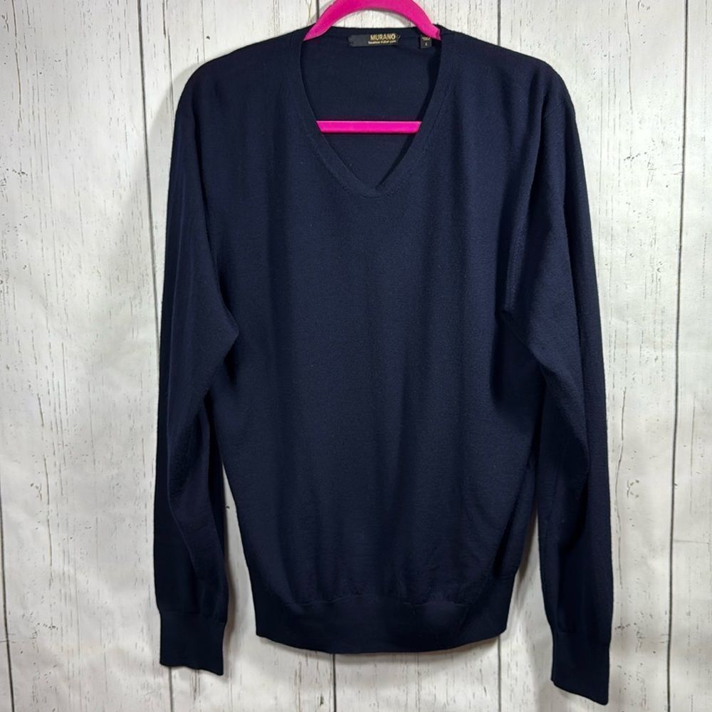 Murano Mens 100% Merino Wool Italian Yarn V Neck Blue Cozy Soft Warm Sweater
